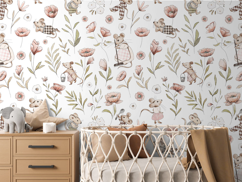 Merry Mice, Animal Pattern Wallpaper. The nursery room includes a wooden dresser with an elephant plush toy, and a crib with a brown blanket.