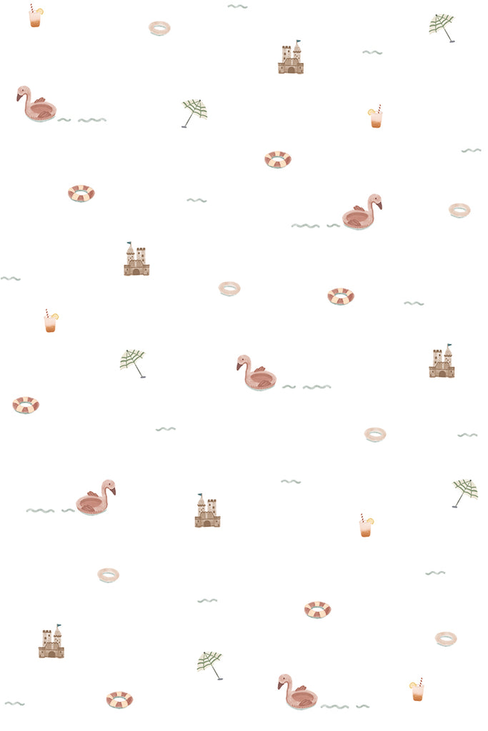 Mini Beach Day, Pattern Wallpaper in White close up