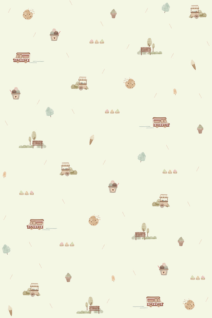 Mini Treats In The Park, Pattern Wallpaper in Sage close up