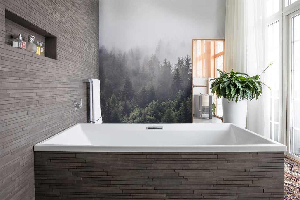 Misty Fir Woods, Landscape Mural Wallpaper featured on wall of bathroom with a bathtub and planters seen on the bathroom