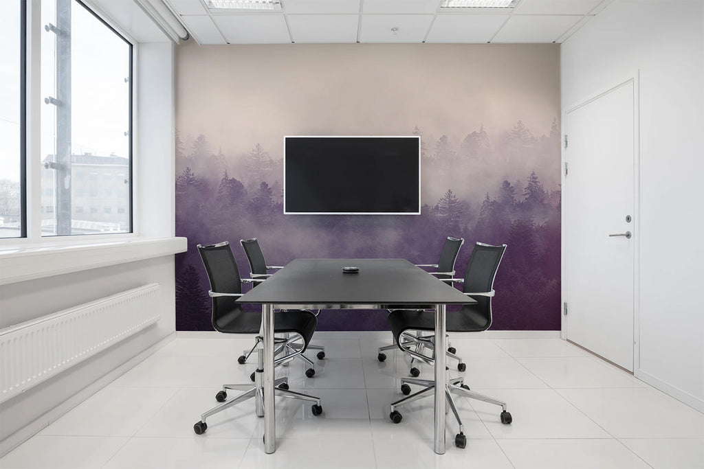 Misty Wildwoods, Landscape Mural Wallpaper featured on a wall of a conference room with black table and modern office chairs