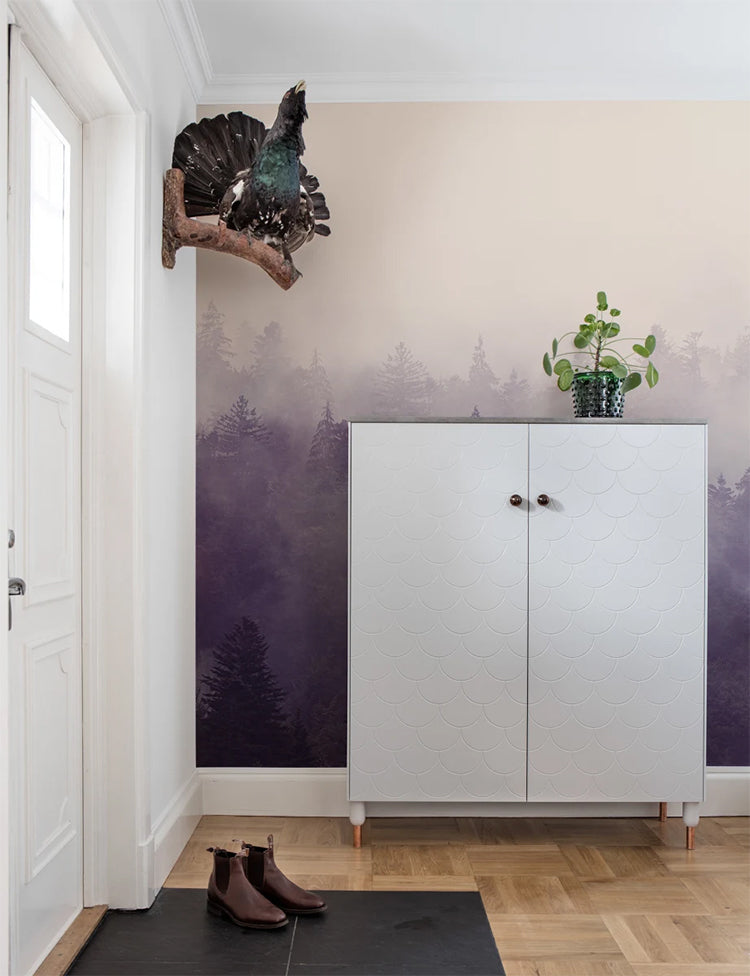 Misty Wildwoods, Landscape Mural Wallpaper featured on a wall of a foyer with white cabinet and wood floorings, and shoes on the black floor mat