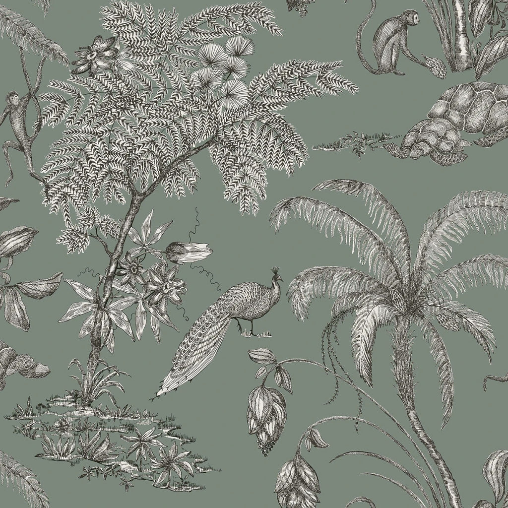 Moa, Tropical Pattern Wallpaper in green closeup