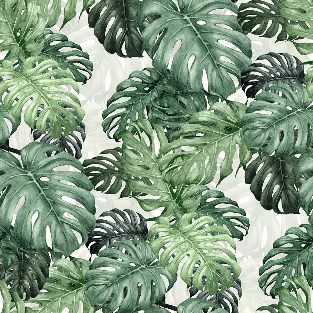 Monstera Green, Tropical Mural Wallpaper close up 