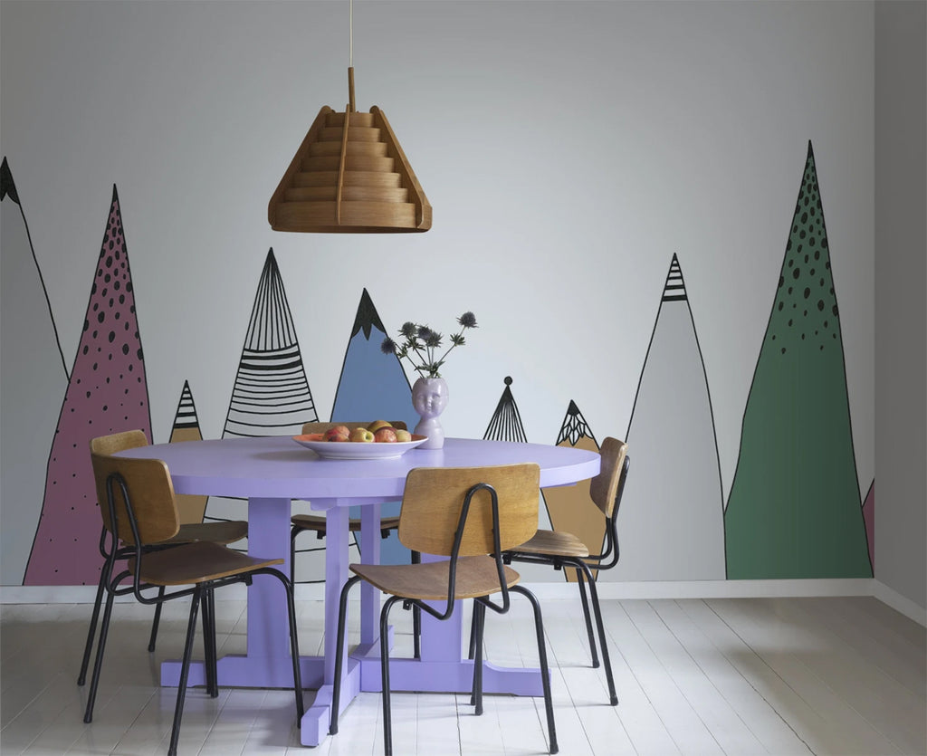 Mountain Ridges, Mural Wallpaper in multicolor featured on a wall of a dining area with violet round table and wooden chair