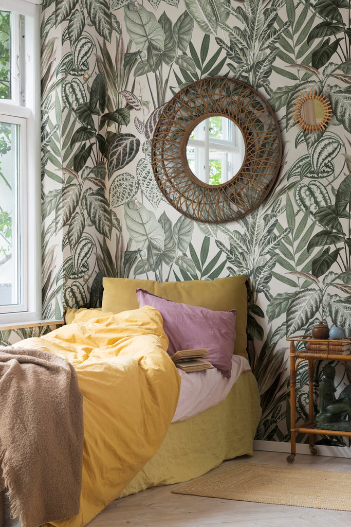 Night-time Jungle, Tropical Mural Wallpaper in blush pink featured on a wall of a bedroom