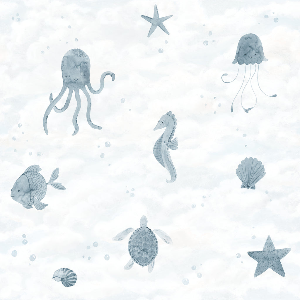 Ocean Friends, Pattern Wallpaper in blue closeup