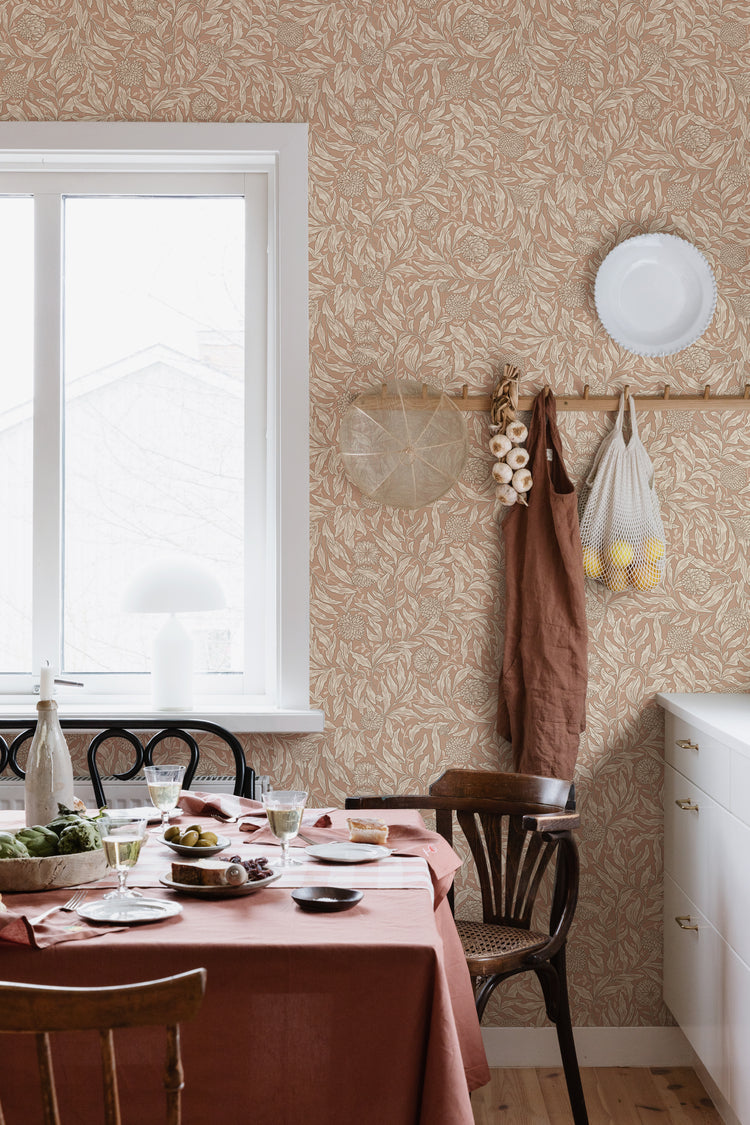 Olof, Floral Pattern Wallpaper in a rustic kitchen