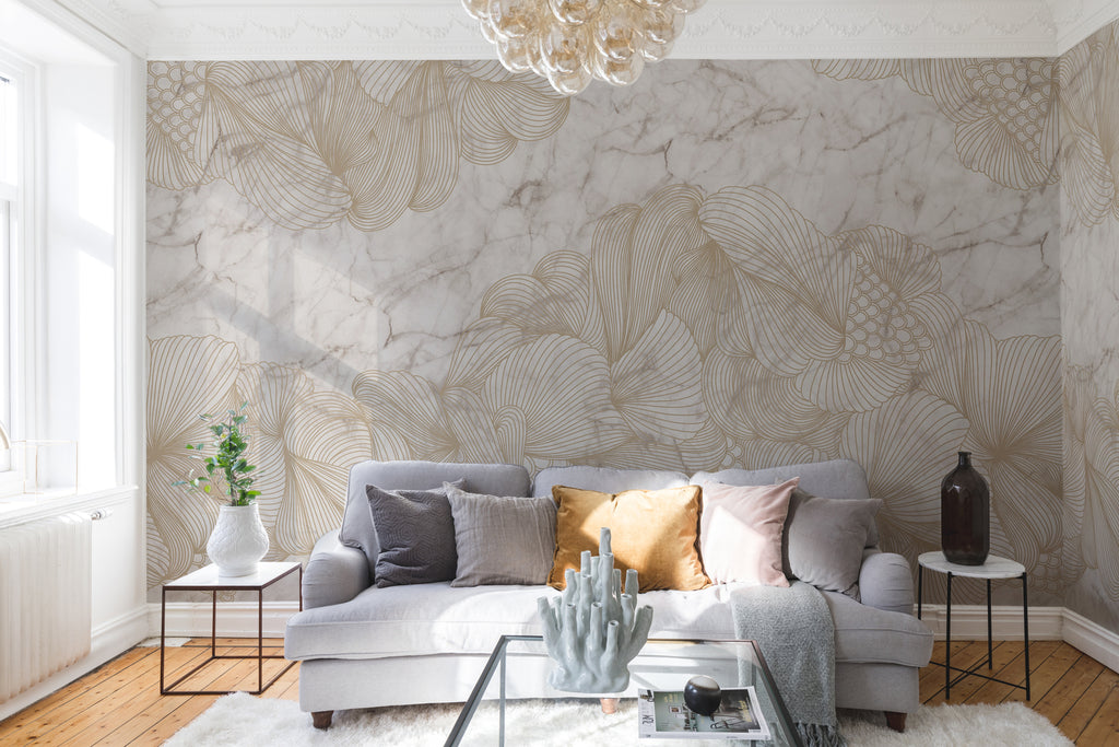 Opulent Marble, Mural Wallpaper featured on a wall of a living area with white sofas and multiple pillows 