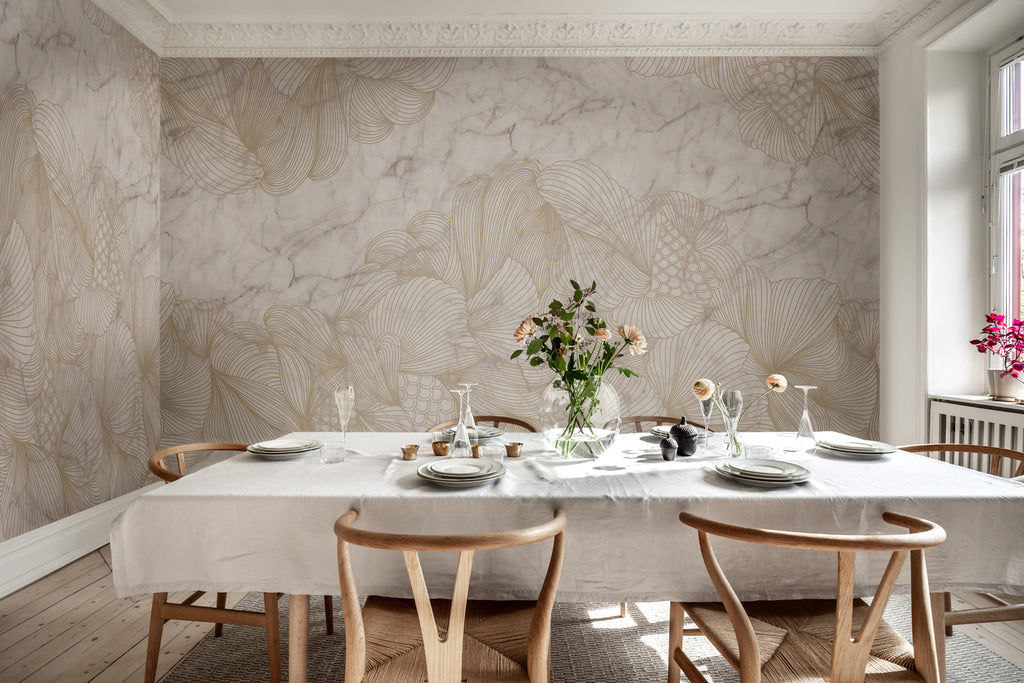 Opulent Marble, Mural Wallpaper featured on a wall of a dining area with long brown table with a white tablecloth and tablewares on top 