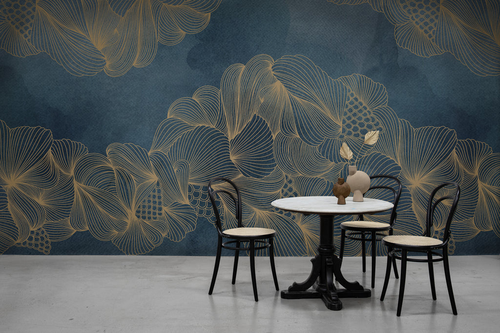 Opulent Beauty, Wallpaper in dark blue featured on wall of a room with a round table and a couple of chairs 