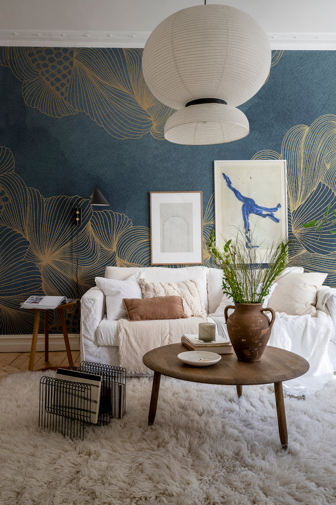 Opulent Beauty, Wallpaper in dark blue featured on wall of a living area with white sofa and pillows and wooden round table and fluffy floor mat