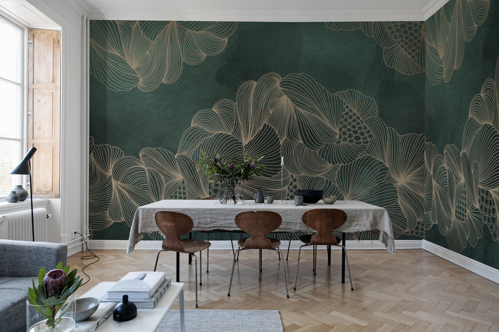 Opulent Beauty, Wallpaper in green featured on wall of a dining area with wooden flooring and a dining table with white tablecloth 