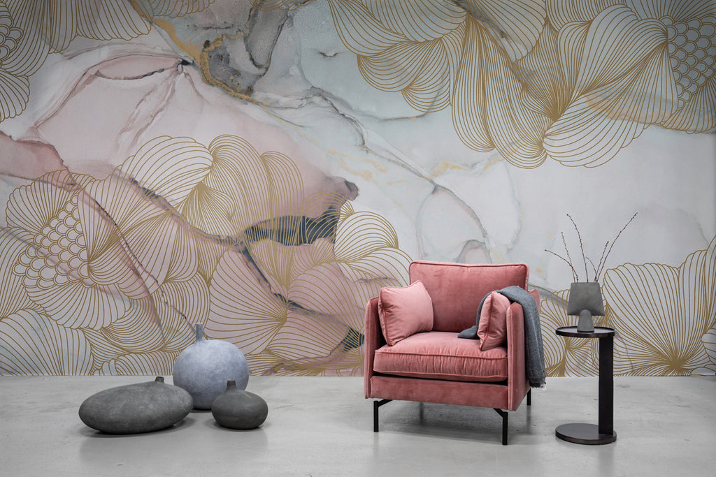 Opulent Beauty, Wallpaper in nude featured on wall of a room with pink single sofa and black side table with lamp
