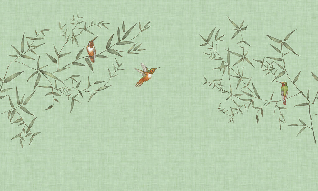 Oriental Birdsong, Animal Mural Wallpaper in Jade Green 
