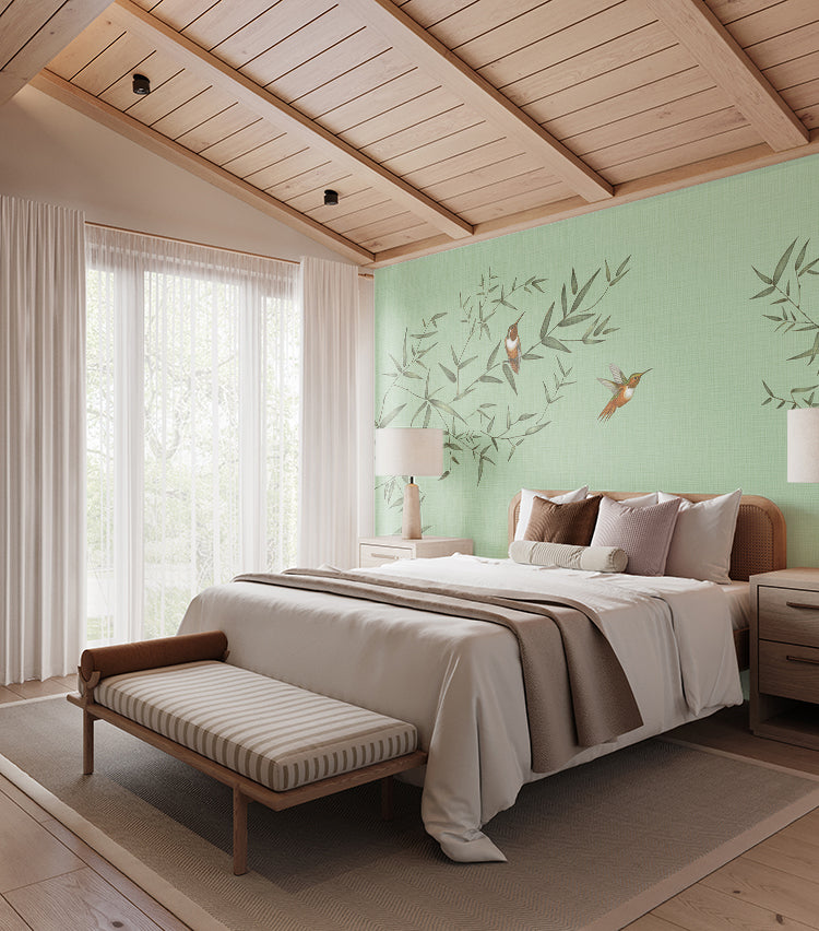 Oriental Birdsong, Animal Mural Wallpaper in Jade Green colourway featured on a wall of a bedroom