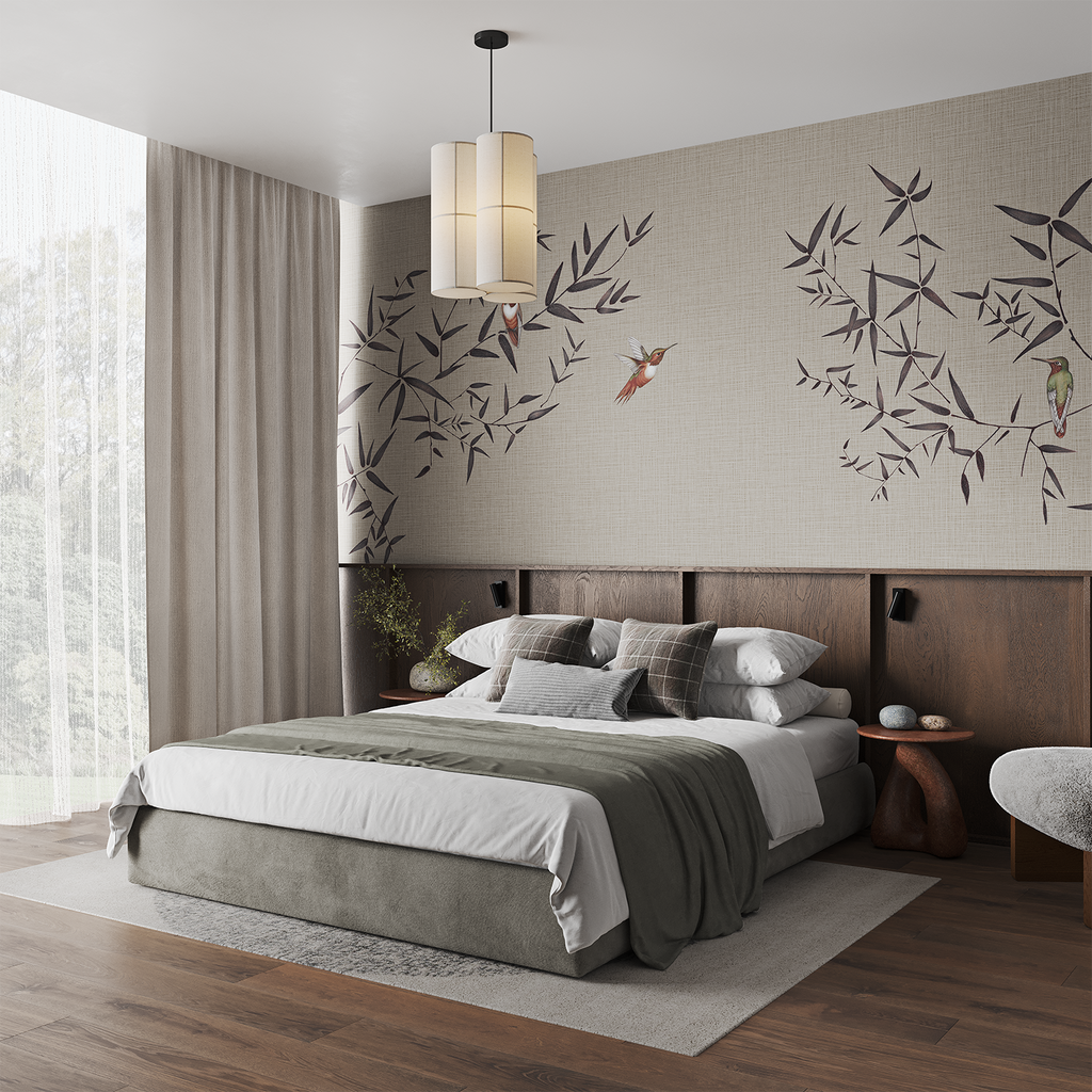 Oriental Birdsong, Animal Mural Wallpaper in natural colourway featured on a wall of a bedroom
