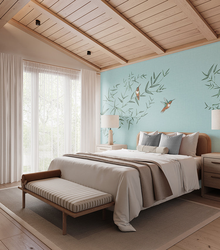 Oriental Birdsong, Animal Mural Wallpaper in Sky Blue colourway featured on a wall of a bedroom