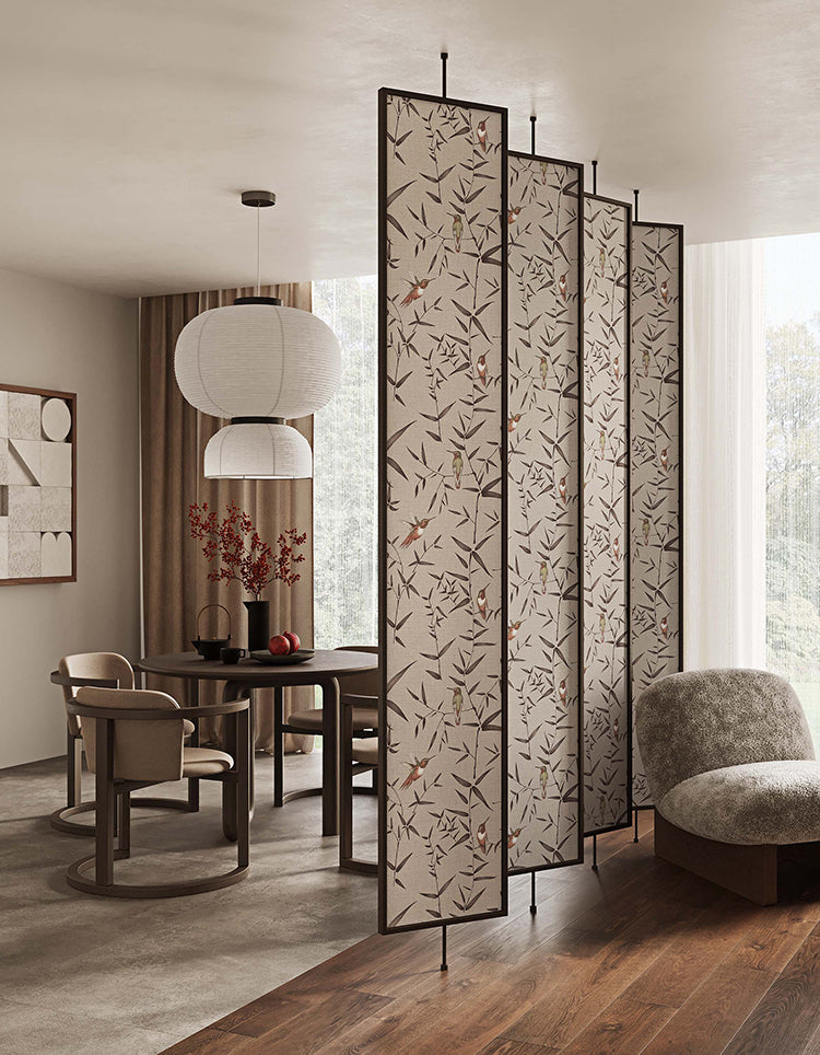 Oriental Birdsong Symphony, Animal Pattern Wallpaper featured on a partition divider of a bedroom