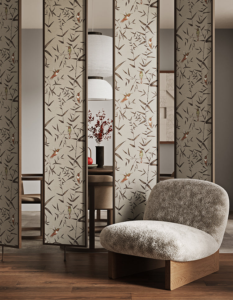 Oriental Birdsong Symphony, Animal Pattern Wallpaper featured on a partition divider of a bedroom