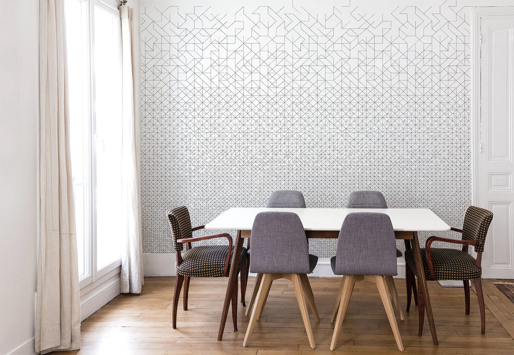 A modern dining room accentuated by an Origami, Geometric Pattern Wallpaper, adding a captivating depth and interest to the space with its intricate design.