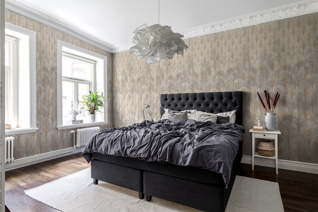 Palm Gold Arch, Pattern Wallpaper featured on a wall of a bedroom with black matte bedsheet and headboard