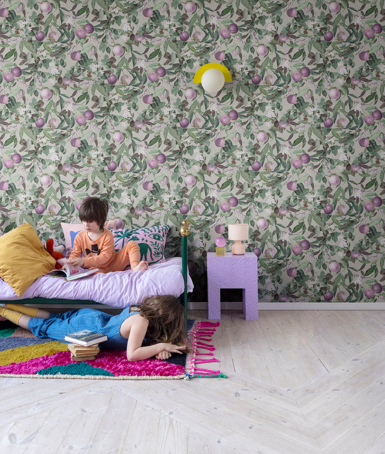 Peach Valley, Floral Pattern Wallpaper in plum, as seen in kid’s bedroom