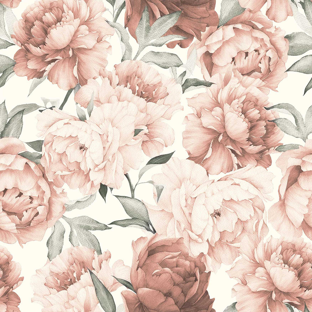 Peonies Garden, Floral Pattern Wallpaper in Crimson close up