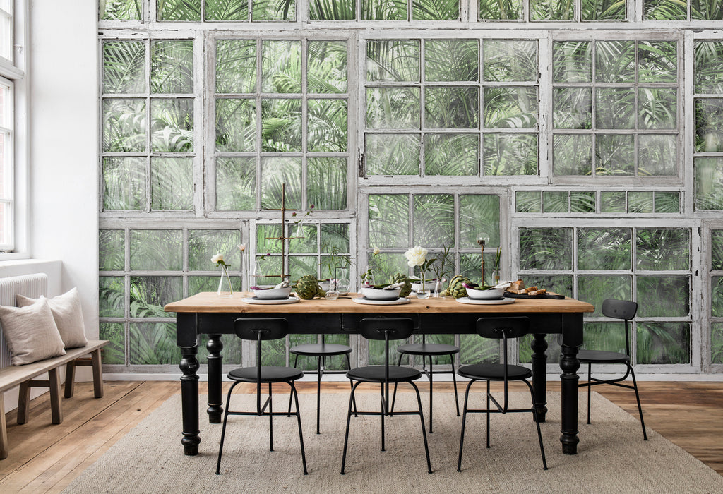 Perspective Garden, Mural Wallpaper enhances the dining area wall with wooden table material