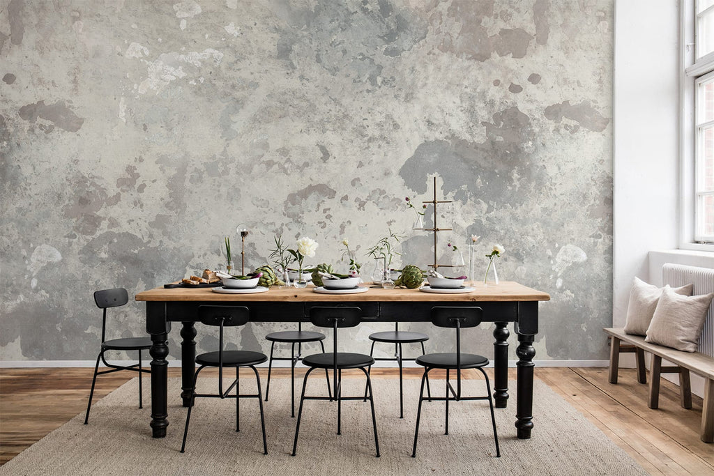 Petinea, Grey Wallpaper featured on a wall of a dining area with wooden table and black metal chairs