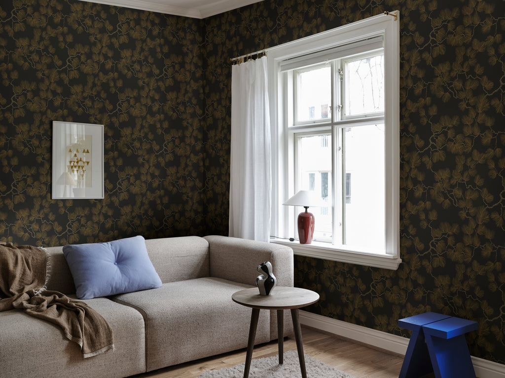 Pine, Wallpaper in black featured in a living area with a sofa adjacent to the window giving it a natural lighting