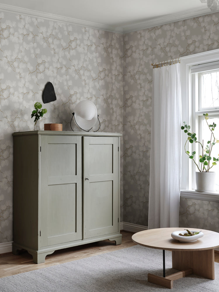 Pine, Wallpaper in white, featured in room with a green cabinet, and wooden round table