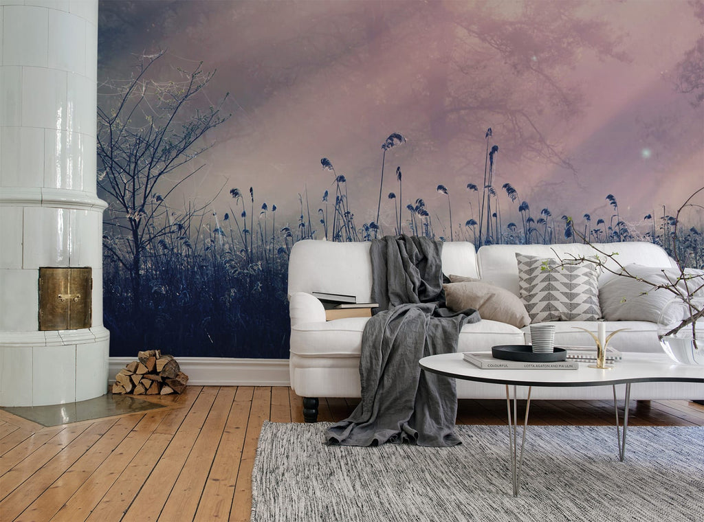 Pink Dawn, Mural Wallpaper featured on a wall of a living area with white sofa and grey fabrics and wooden flooring