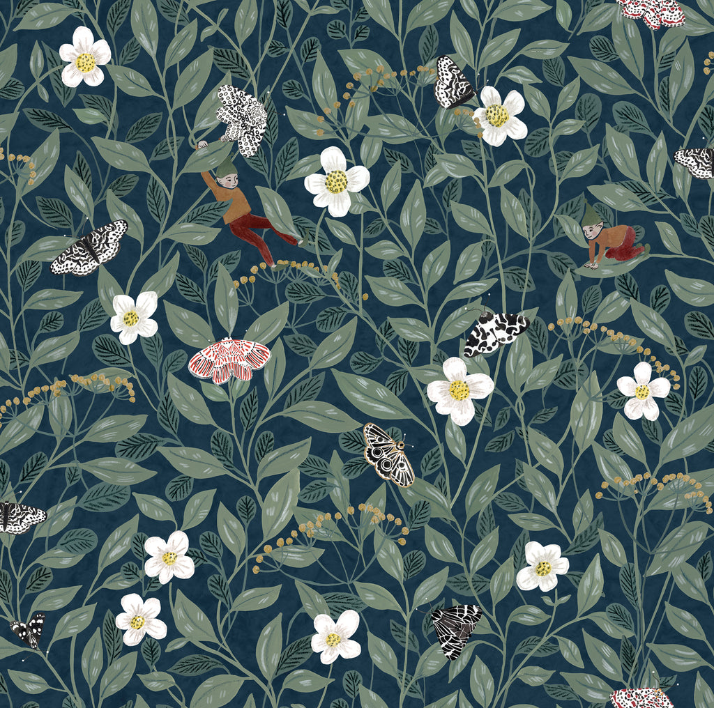 Pixie, Floral Pattern Wallpaper in Dark Blue colourway