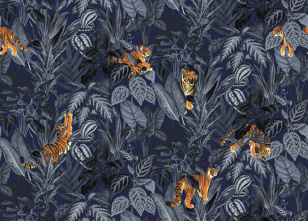 Playful Tiger, Pattern Wallpaper in dark blue colourway close up