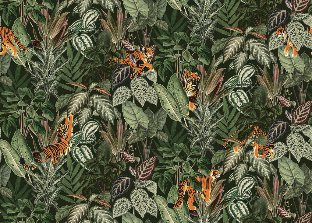 Playful Tiger, Pattern Wallpaper in forest green colourway closeup