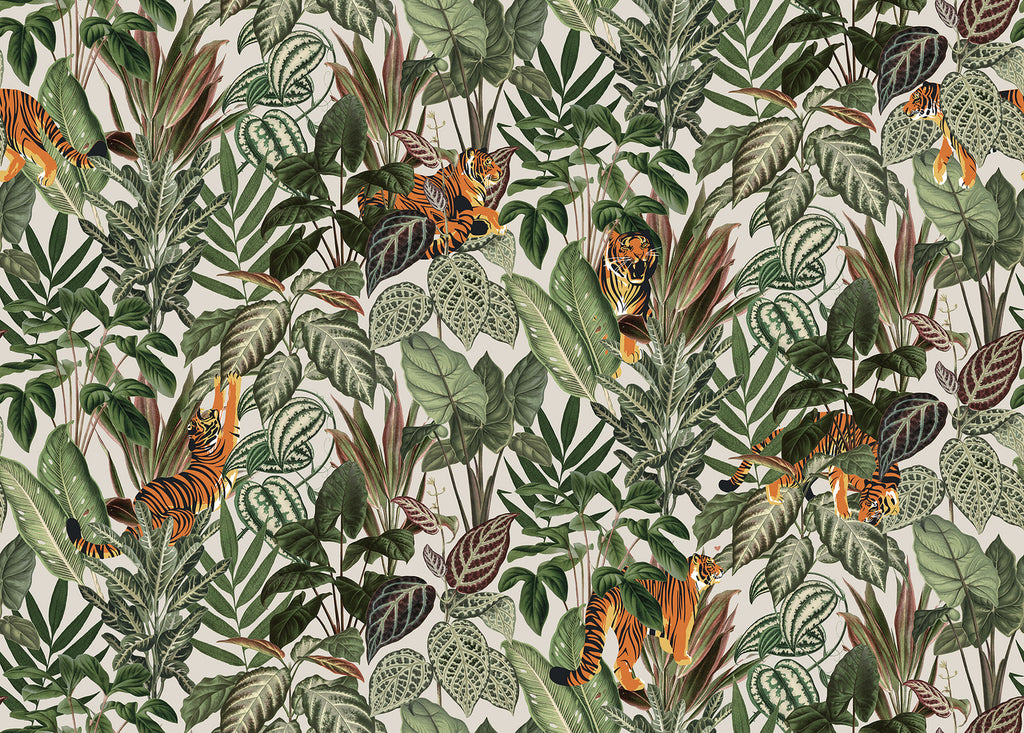 Playful Tiger, Pattern Wallpaper in sand colourway closeup