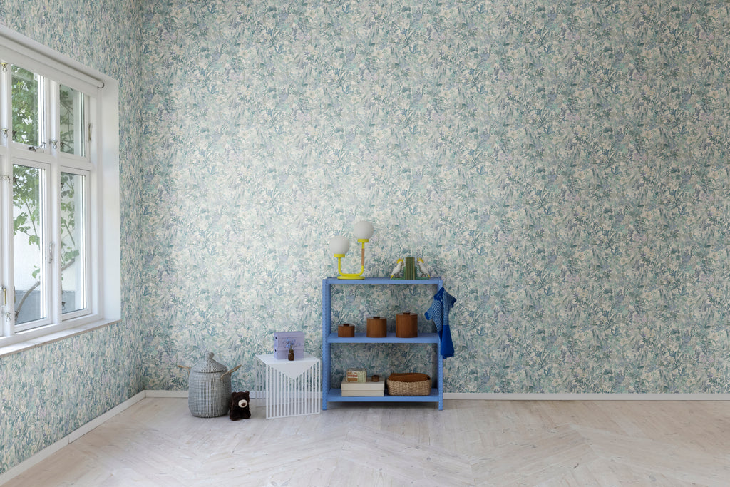 Poppy Meadow, Floral Pattern Wallpaper in Light Blue as seen in a empty room with window and blue shelf