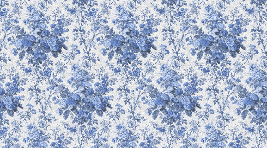 Porcelain, Floral Pattern Wallpaper in blue colourway closeup