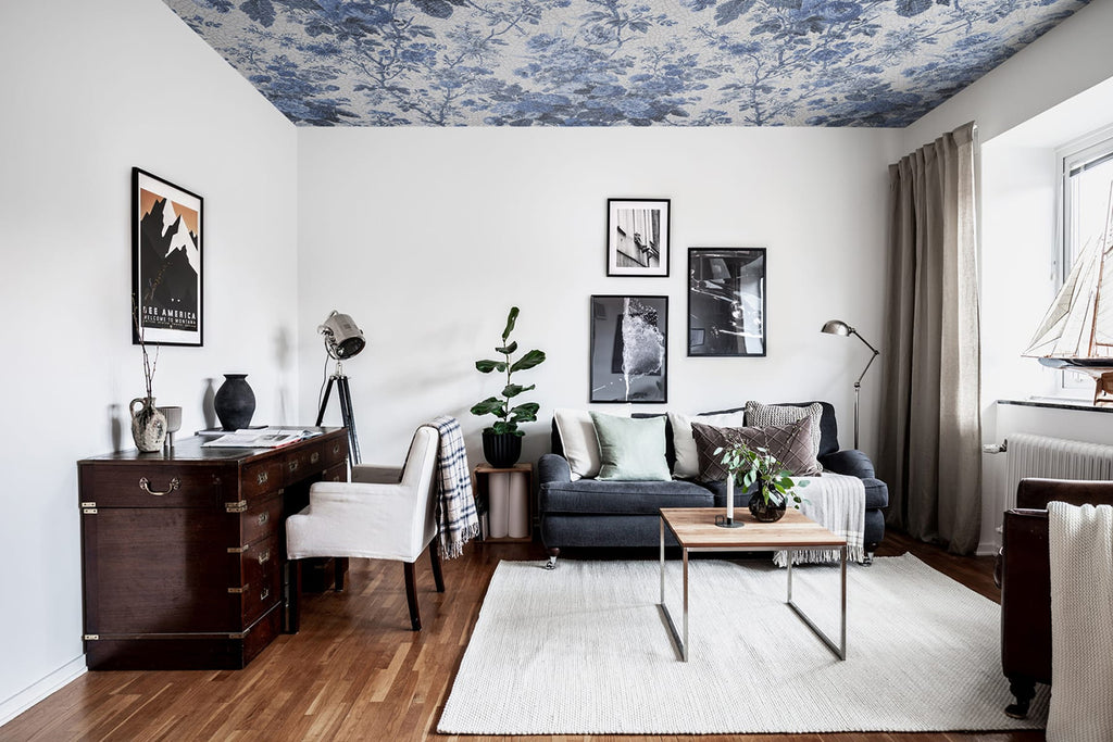 Porcelain, Floral Pattern Wallpaper in Blue in Ceilings
