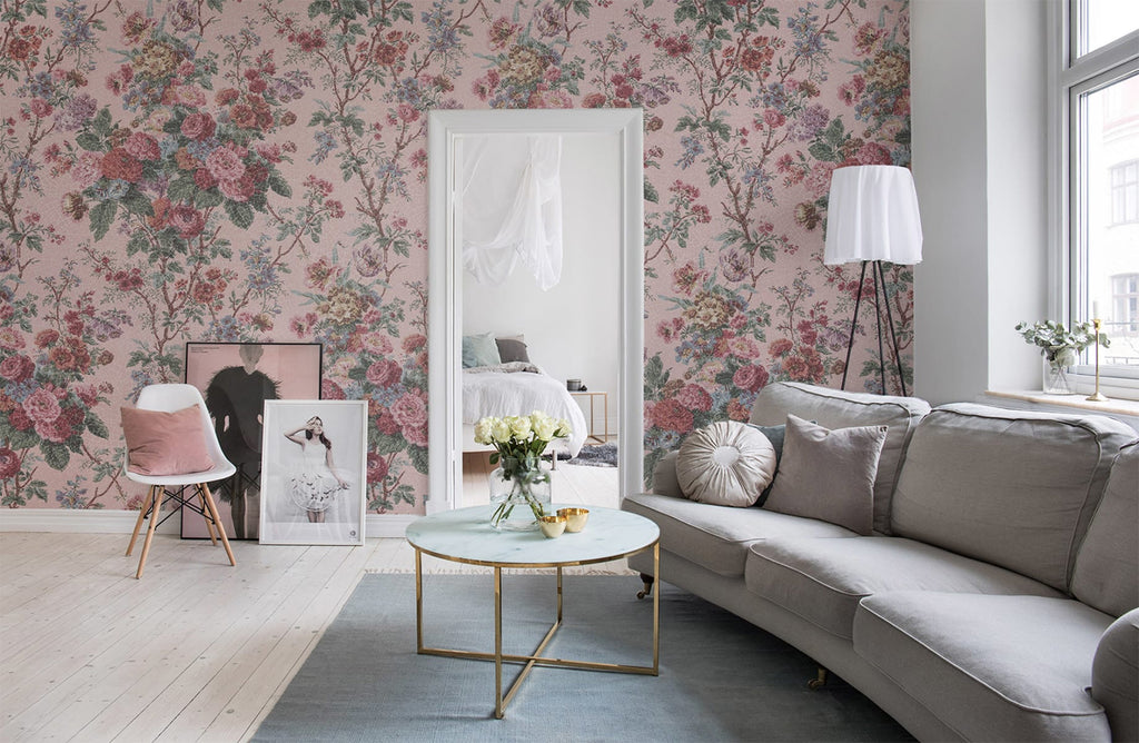 Porcelain, Floral Pattern Wallpaper featured on a wall of a living area with grey sofa and white round coffee table 
