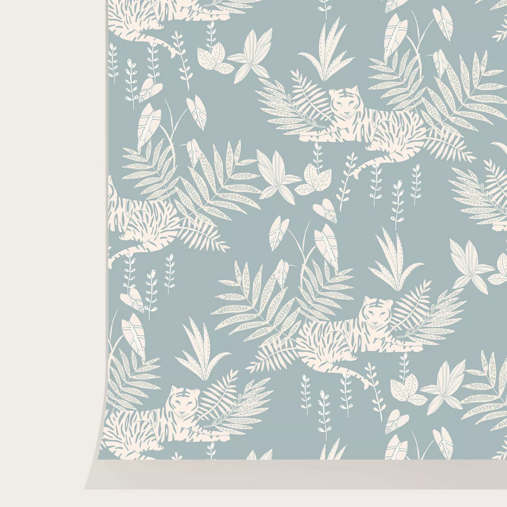 Quaint Jungle, Pattern Wallpaper in Blue, closeup