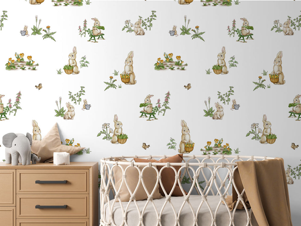 Rabbit family, Animal Pattern Wallpaper, featured in the nursery room includes a wooden dresser with an elephant plush toy, and a crib with a brown blanket.