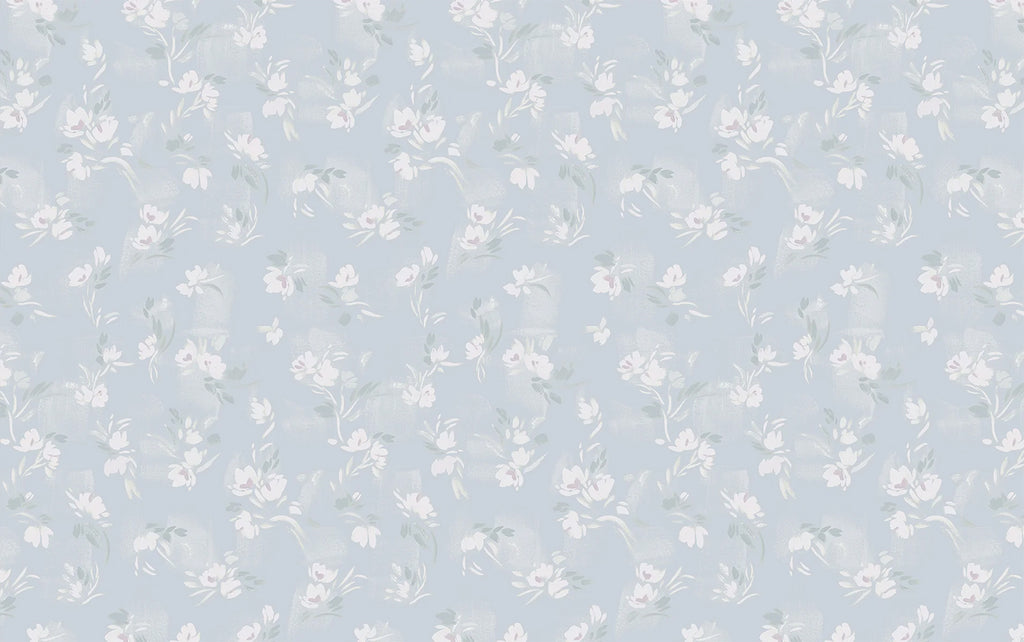Rebecca, Floral Pattern Wallpaper in Dusky Blue close up 