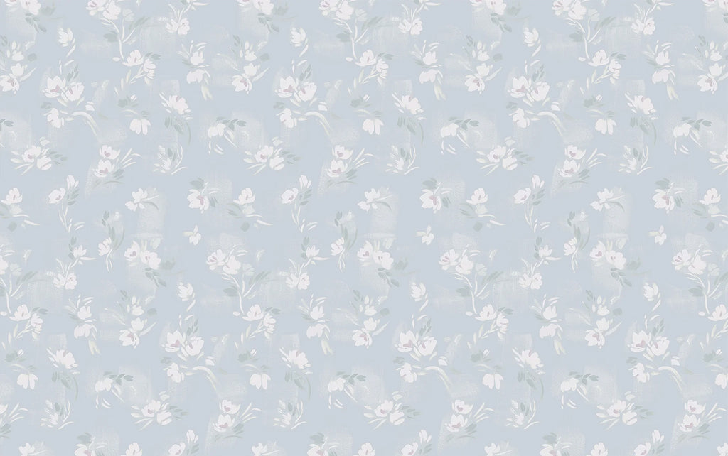 Rebecca, Floral Pattern Wallpaper in Dusky Blue close up 