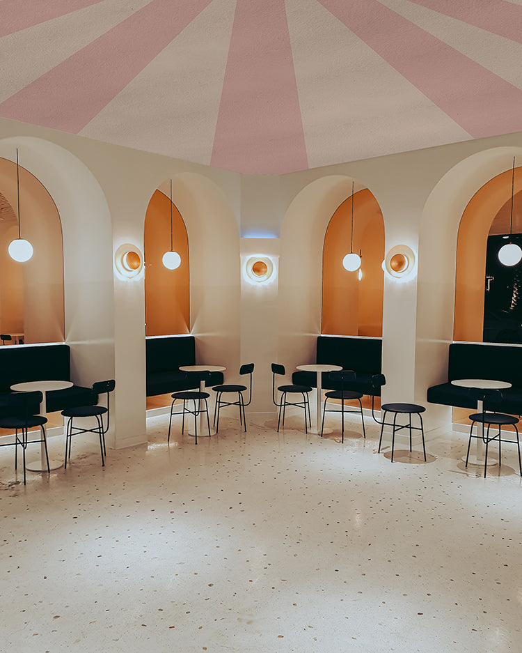 Rising Sun, Wallpaper in pink featured on a ceiling of a restobar