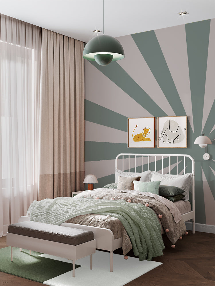 Rising Sun, Wallpaper in green featured on a wall of a bedroom