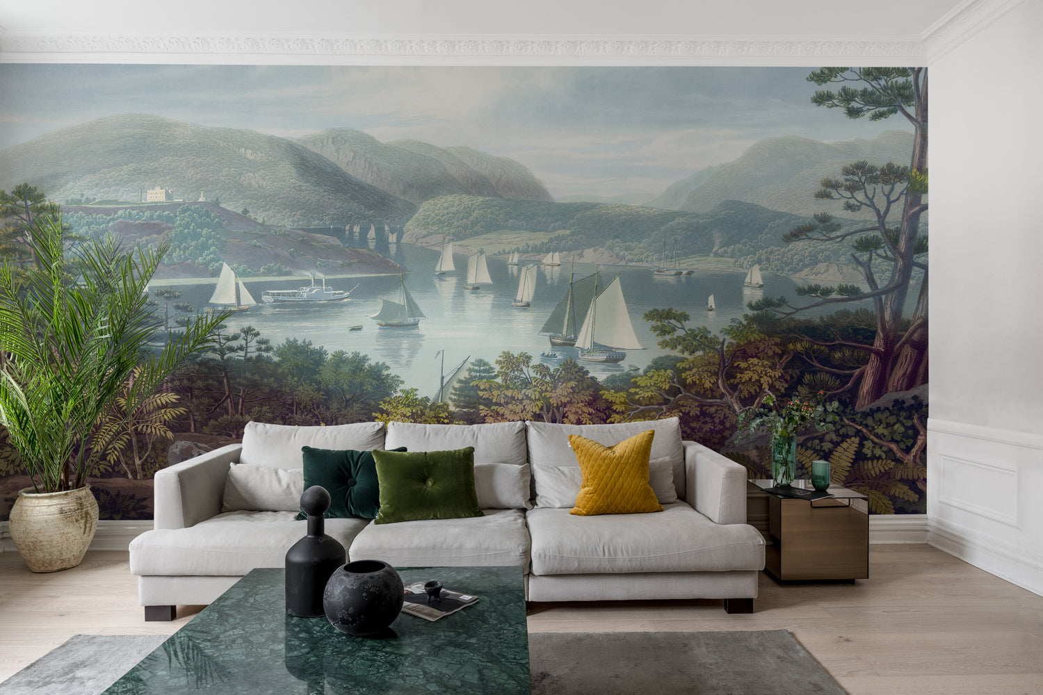 Safe Heaven, Landscape Mural Wallpaper in featured on the wall of a living area with sofa and coffee table.