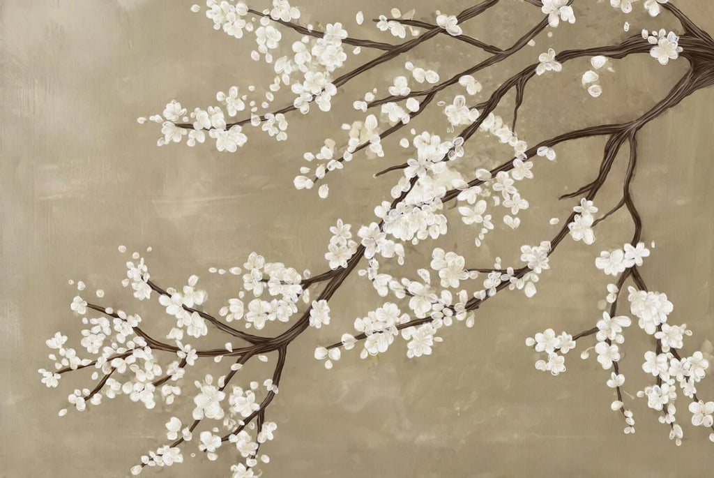 Sakura Branch, Beige Mural Wallpaper closeup