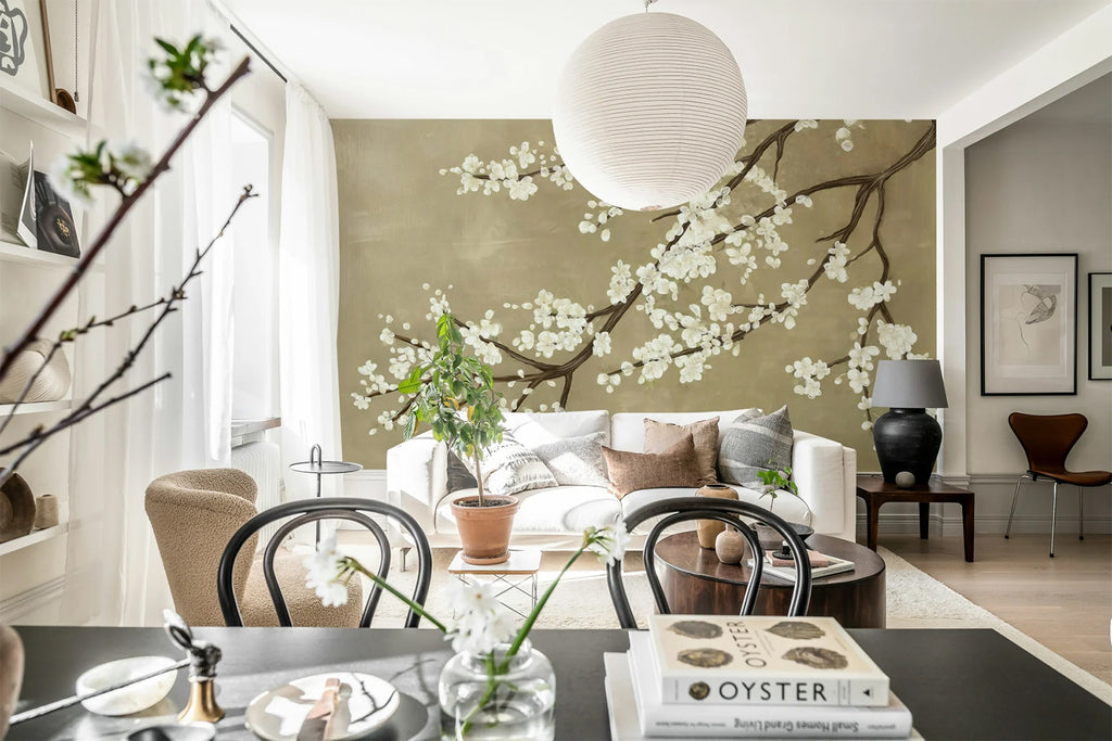 Sakura Branch, Beige Mural Wallpaper featured in a living area